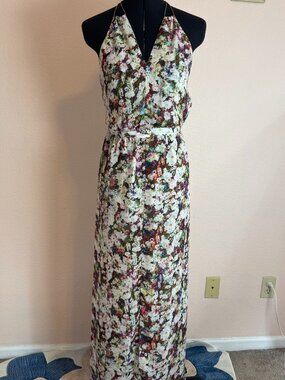 Spring Wedding Watercolor Floral Summer Halter Maxi Dress XS